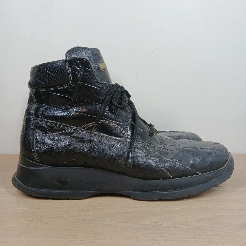 Rare Fennix Italy Exotic Ostrich Leather Boots Men 46 Black High Top Square Toe